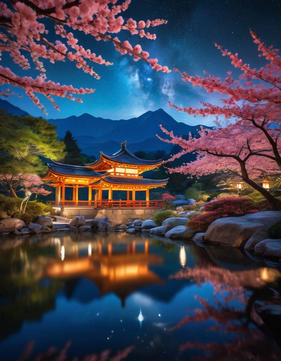 A serene landscape featuring a traditional Asian garden adorned with cherry blossoms, a koi pond, and delicate lanterns. In the foreground, graceful dancers in colorful silk kimonos embodying charm and elegance, illuminated by soft, ethereal light. The background should feature a majestic mountain range under a starry sky symbolizing celestial beauty. super-realistic. vibrant colors. soft focus.