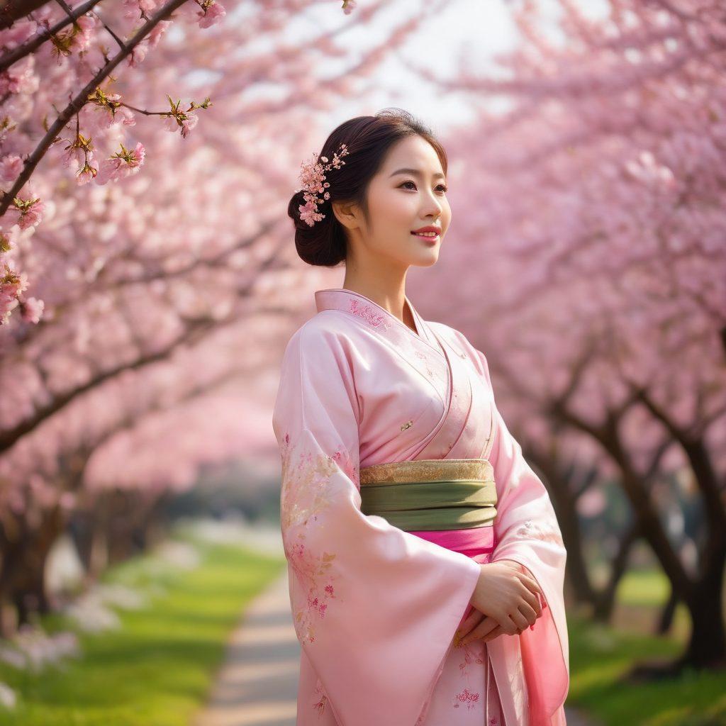 A graceful Asian woman in traditional attire, embodying elegance, standing amidst lush cherry blossom trees. The background features delicate pink petals floating in the breeze, symbolizing beauty and serenity. Her gentle smile reflects timeless grace, with soft natural lighting enhancing her features. Vibrant colors. Super-realistic.