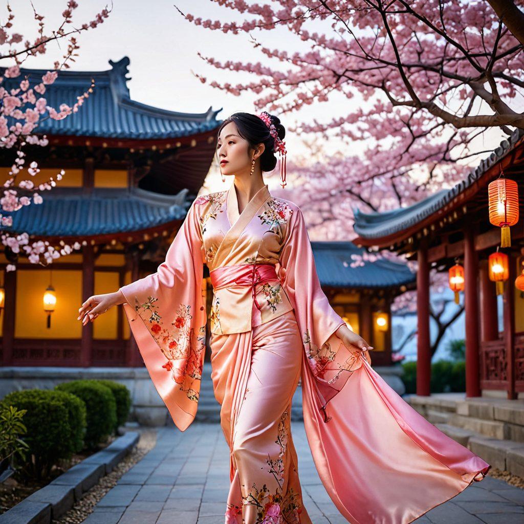 A serene scene featuring an Asian woman embodying the Divine Feminine, adorned in flowing silk garments with intricate floral patterns. Surround her with glowing lanterns and blossoming cherry trees, reflecting vibrant hues of pink and gold. Include elements of traditional Asian architecture in the background for cultural depth. The atmosphere should exude tranquility and elegance, capturing the radiant essence of femininity. super-realistic. vibrant colors. ethereal glow.
